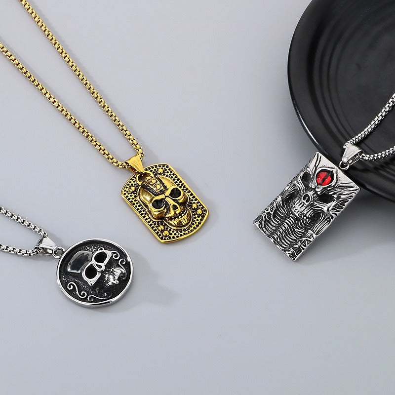Kemstone Demon Eye Skull Pendant – Gothic Titanium Steel Necklace for Men, Dark Streetwear & Halloween Style KP130524-TGX