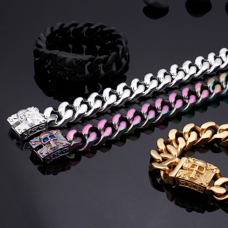 Kemstone Titanium Steel Skull Cuban Chain Bracelet – Bold Streetwear Men’s Accessory KB69725-BD