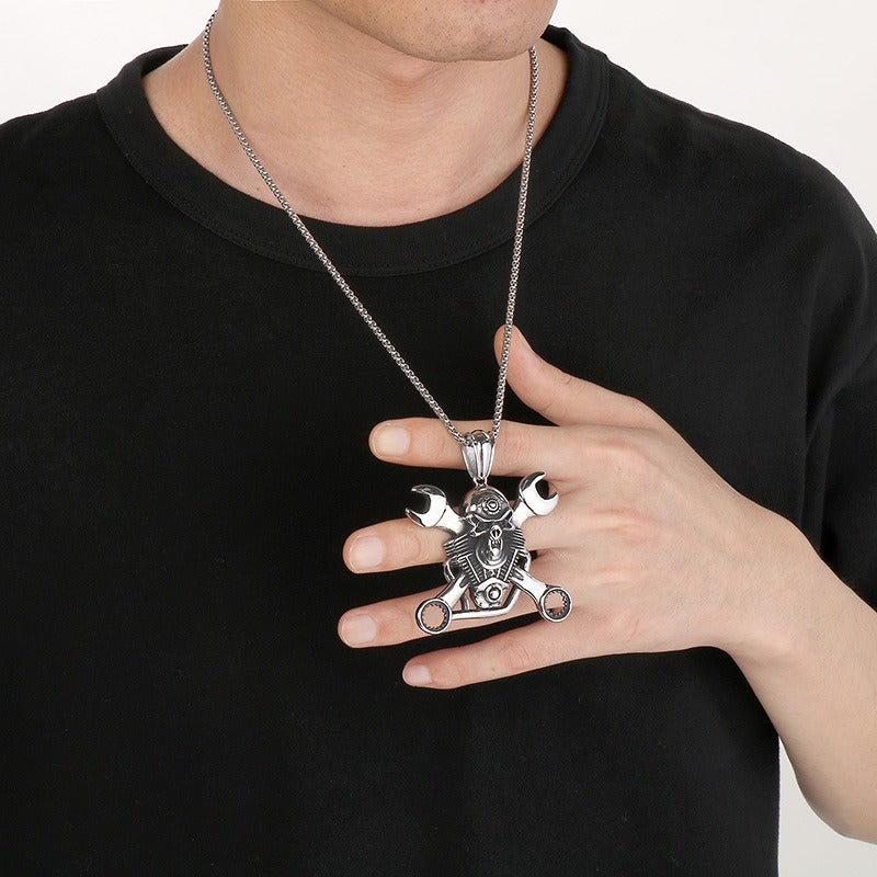 Kemstone Titanium Steel Skull Pendant Necklace – Mechanical Gothic Biker Jewelry for Men KP43973-BD