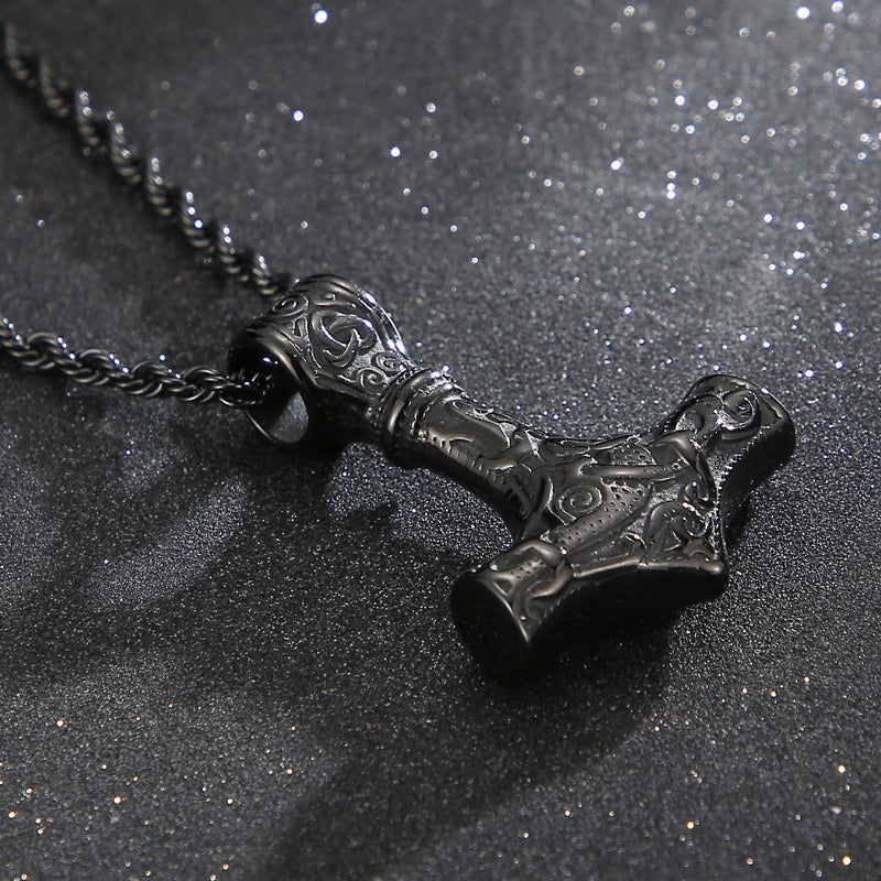 Kemstone Viking Thor’s Hammer Pendant – Stainless Steel Norse Amulet with Skull Connector KP96348