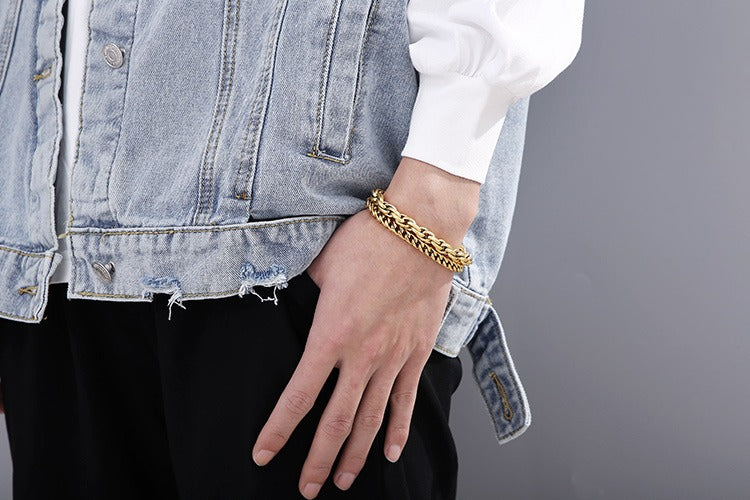 Kemstone Double Layer Chain Bracelet – 13mm Stainless Steel Punk Biker Jewelry for Men | KB91534-BD