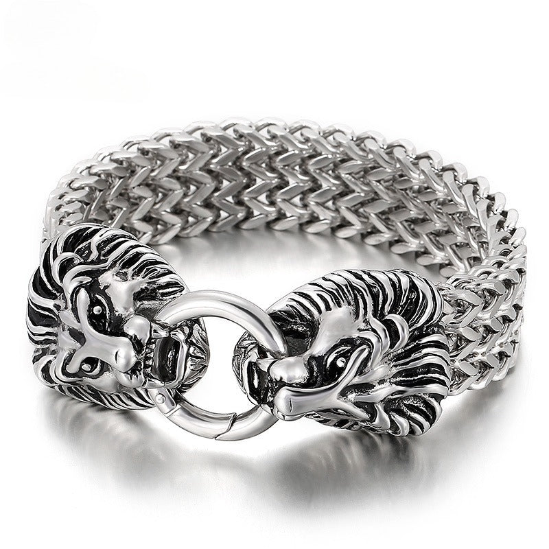Pulsera Kemstone con calavera, lobo y cabeza de león - Cadena de acero de titanio con borde punk KB144489
