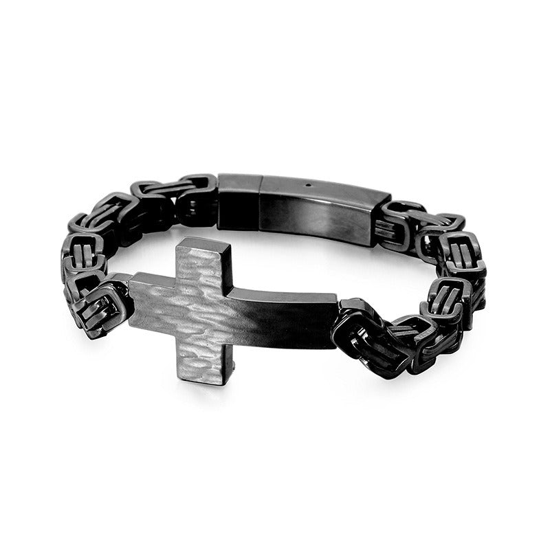 Kemstone Cross Pendant Retro Bracelet – Titanium Steel Cuff with Imperial Chain Design for Men KB122384
