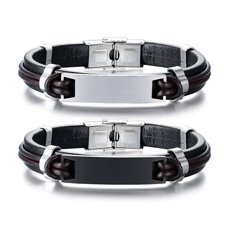 Men's Black Leather Bracelet with Matte Stainless Steel Plate – Gothic Street Power Style BL-344