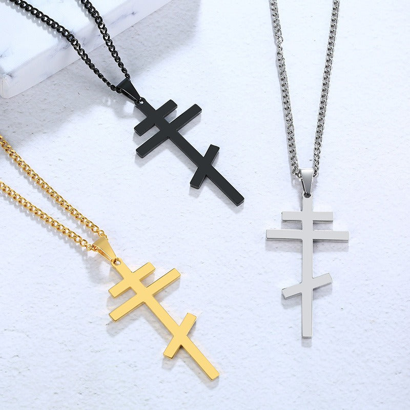 Men's Stainless Steel Orthodox Cross Necklace – Bold Double Bar Gothic Pendant PN-831