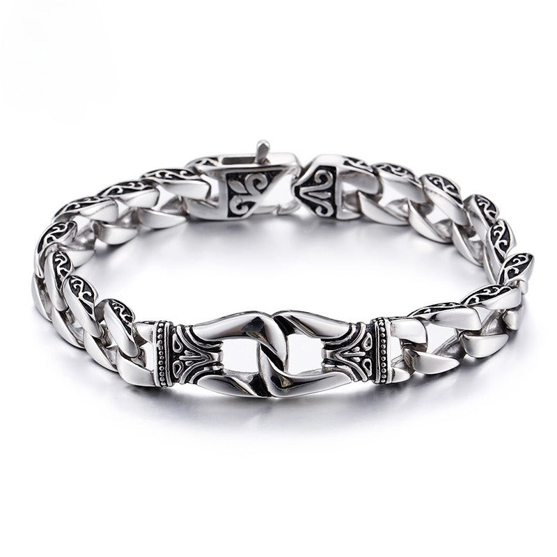 Kemstone Men's Vintage Cuban Chain Bracelet – Engraved Titanium Steel Punk Cuff for Gothic Streetwear KB80116-BD