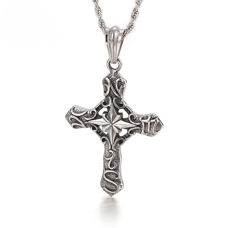 Kemstone Rugged Cross Pendant – Punk Vintage Stainless Steel Necklace for Men | Gothic Streetwear Jewelry KP56209