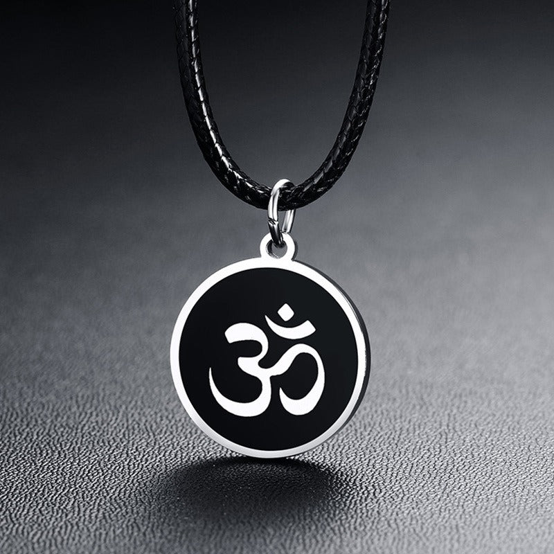 Black Om Symbol Pendant Necklace for Men – Stainless Steel Round Medallion on Leather Cord PN-1287