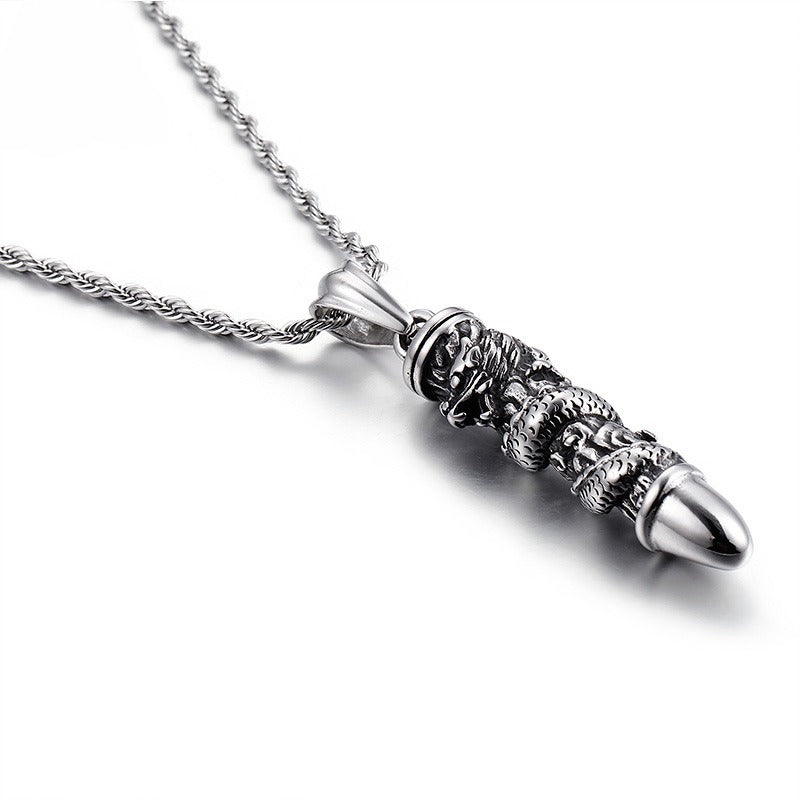 Kemstone Dragon-Wrapped Bullet Pendant – Titanium Steel Necklace for Men, Rugged Norse-Inspired Urban Style KP55643