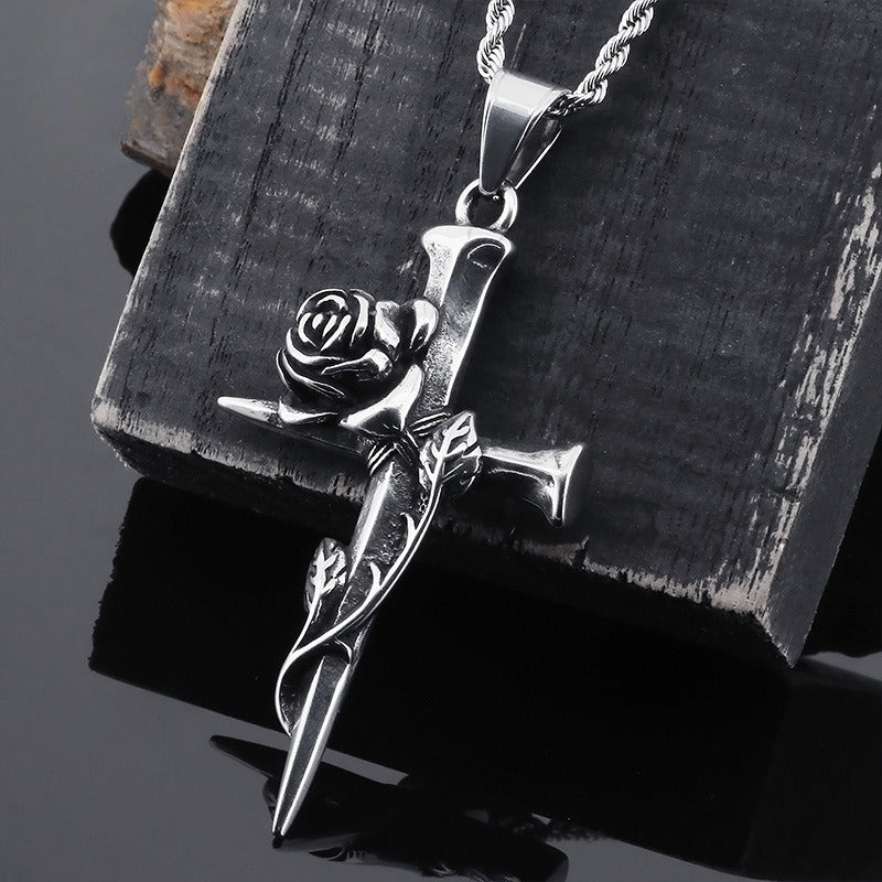 Kemstone Gothic Rose Cross Necklace – Vintage Nail-Detail Stainless Steel Pendant for Men’s Streetwear Style KP130372