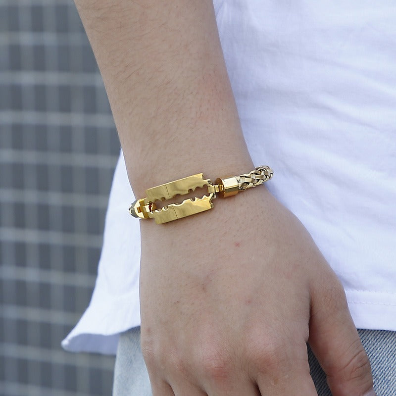 Kemstone Titanium Steel Cuff Bracelet for Men - Braided Blade Design with Premium Electroplated Finish KB130548