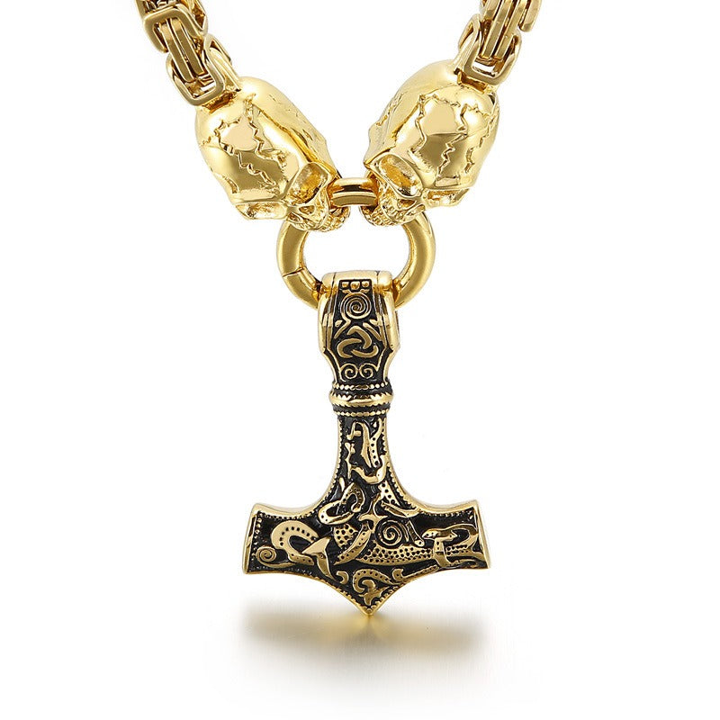 Kemstone Viking Thor’s Hammer Pendant – Stainless Steel Norse Amulet with Skull Connector KP96348
