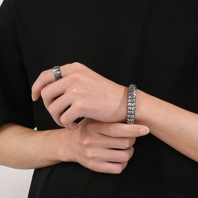 Kemstone Blackened Dragon Scale Ring - Raw-Edged Punk Jewelry for Rebellious Souls KR103316-KJX