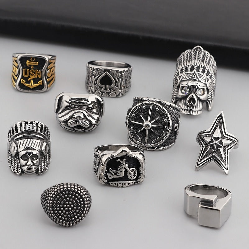 Anello geometrico in acciaio al titanio da uomo Kemstone - Design tribale con stella e ancora audace per abbigliamento streetwear hip hop KR44629-BD