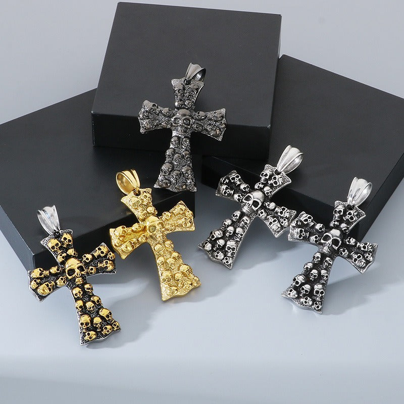 Kemstone Gothic Skull Cross Necklace – Matte Black Punk Pendant for Men KP55728-B