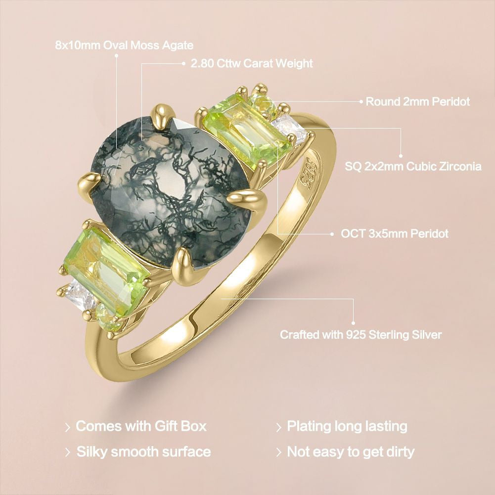 Kemstone Forest Echoes Ring – Moss Agate & Peridot Gemstones, 925 Sterling Silver with 18K Gold Plating, Vintage Botanical Design T7-OL1180R