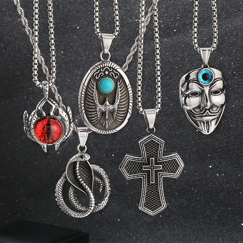 Kemstone Turquoise Eagle Amulet Necklace – Tribal Cross & Evil Eye Pendant for Men, Gothic Streetwear Jewelry KP100398