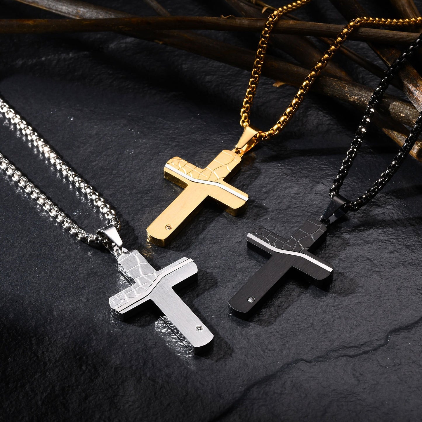 Cracked Cross Pendant Necklace – Stainless Steel, Gothic Street Style (Silver/Gold/Black) PN-1999