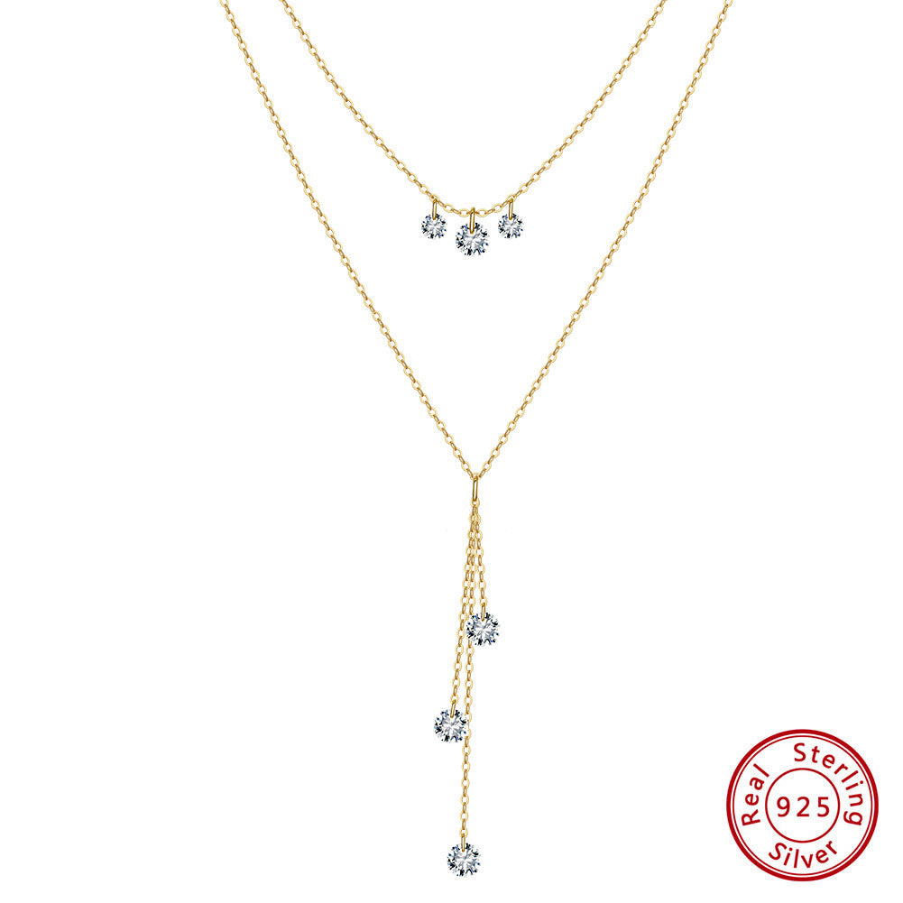 Kemstone Layered 925 Sterling Silver Necklace – Gold & Silver Adjustable Cubic Zirconia Y Pendant Jewelry for Women A4-BQN20