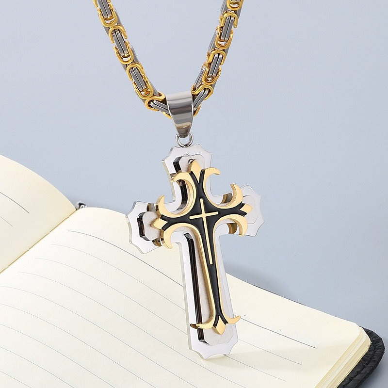 Kemstone Triple-Layer Gothic Cross Pendant Necklace – Stainless Steel Byzantine Chain KP78915