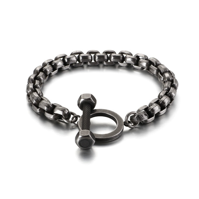 Kemstone Retro Hammered Barbell Titanium Steel Bracelet for Men: Vintage Style with Double Chain Detail KB123280