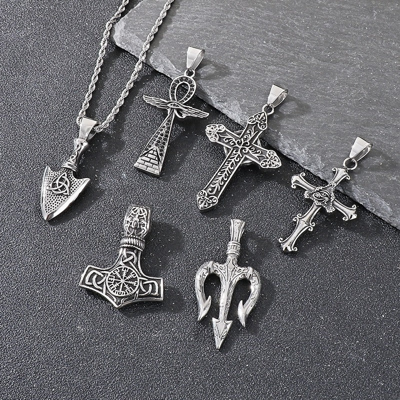Kemstone Men’s Titanium Steel Trident Cross Necklace – Viking Eye of Horus Pendant, Black Zircon KP116389 60CM