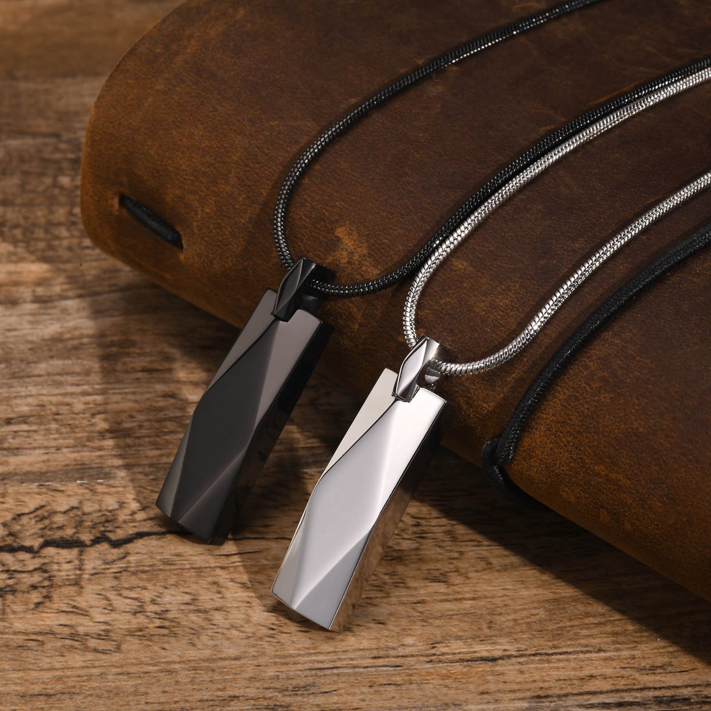 Men’s Geometric Pendant Necklace – 3D Rhombus Rectangle Design in Stainless Steel | Black & Silver Gothic Style NC-1455
