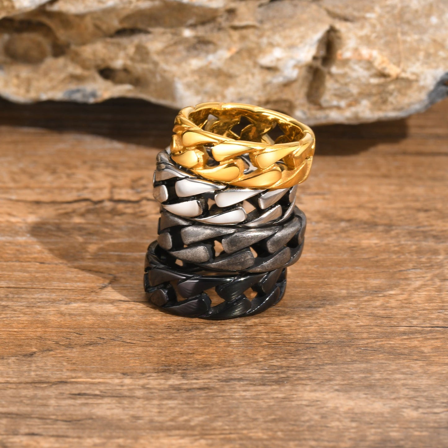 Kemstone Cuban Chain Link Ring – Bold Stainless Steel Biker Band for Men R495