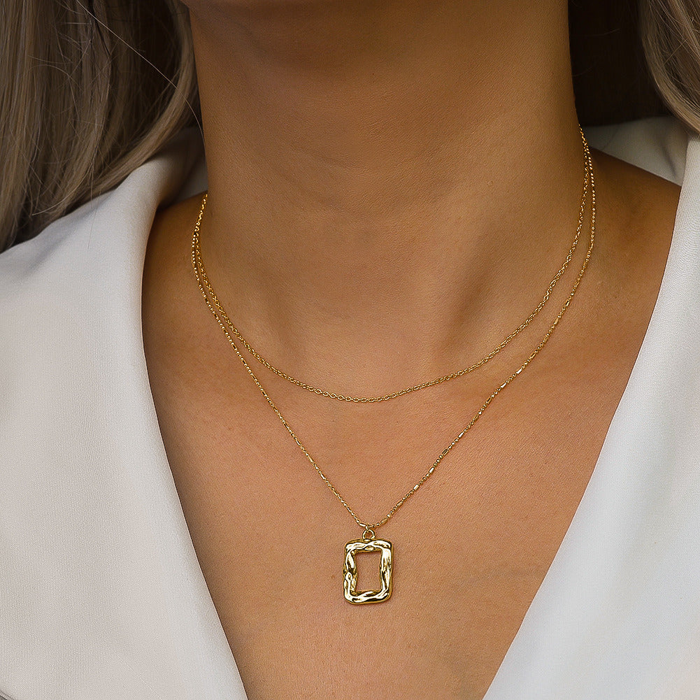 Kemstone Layered Rectangle Pendant Necklace – 925 Sterling Silver Double Chain Necklace for Women, Gold & Silver Minimalist Handmade Jewelry A4-BQN19