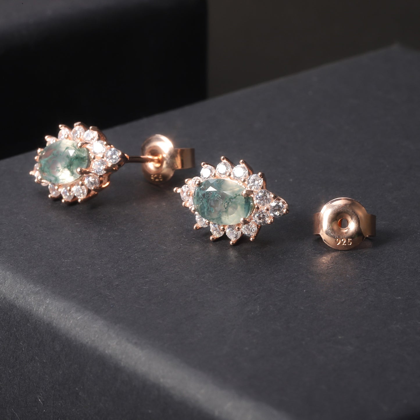 Kemstone Vintage Oval Moss Agate Stud Earrings – Rose Gold Plated 925 Sterling Silver | Dainty Natural Gemstone Jewelry for Women