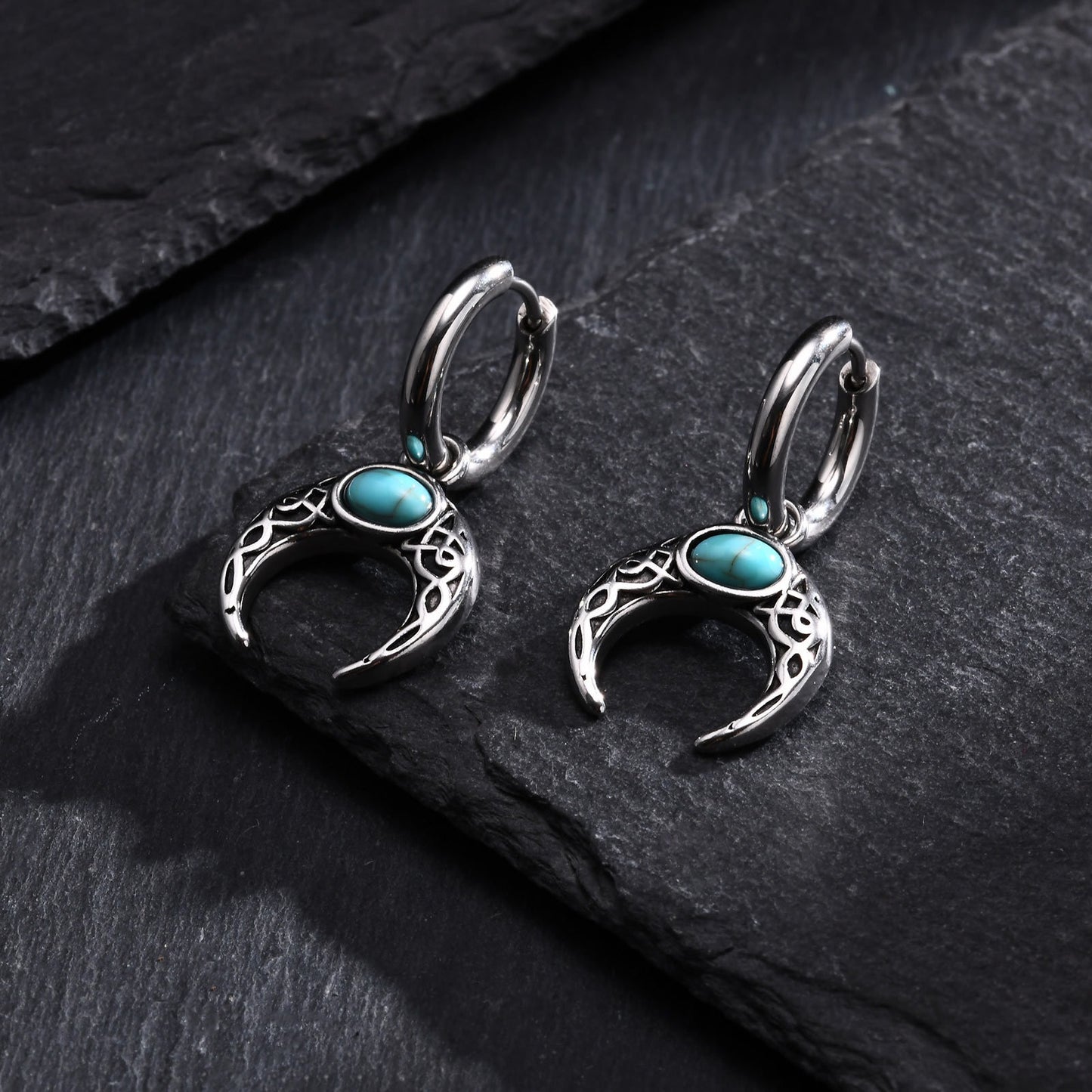 Kemstone Retro Turquoise Moon Men's Earrings - Stainless Steel Hip-Hop Statement Jewelry ED767