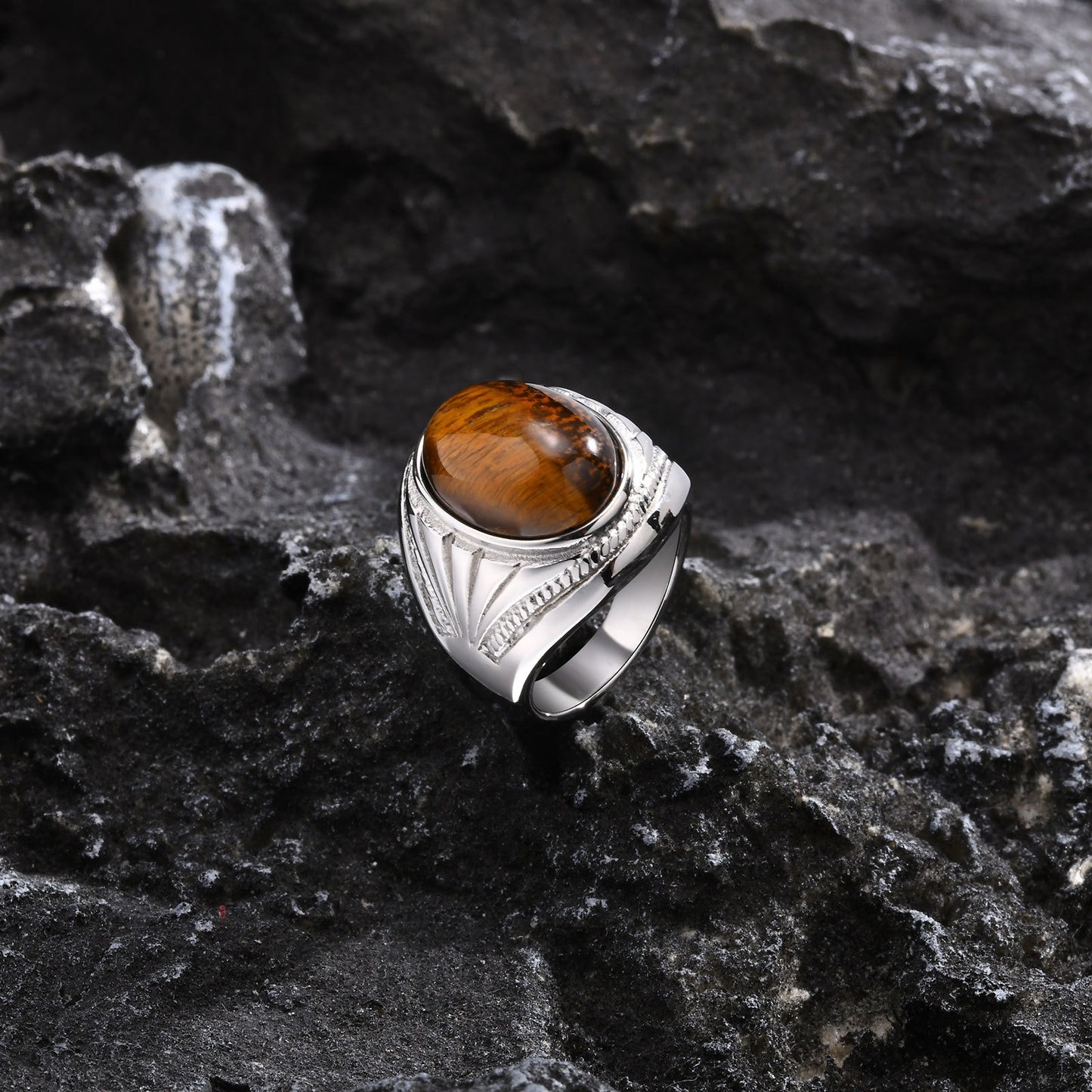Men's Stainless Steel Tiger Eye Oval Ring – Norse Gothic Power Symbol, Vintage Steel Finish RC687