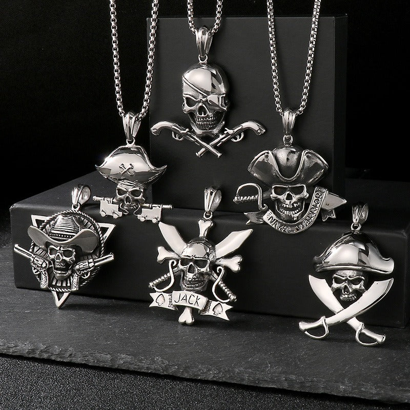 Kemstone Pirate Skull Pendant for Men – Punk Rock Sparrow & Anchor Necklace in Vintage Stainless Steel KP79431-BD