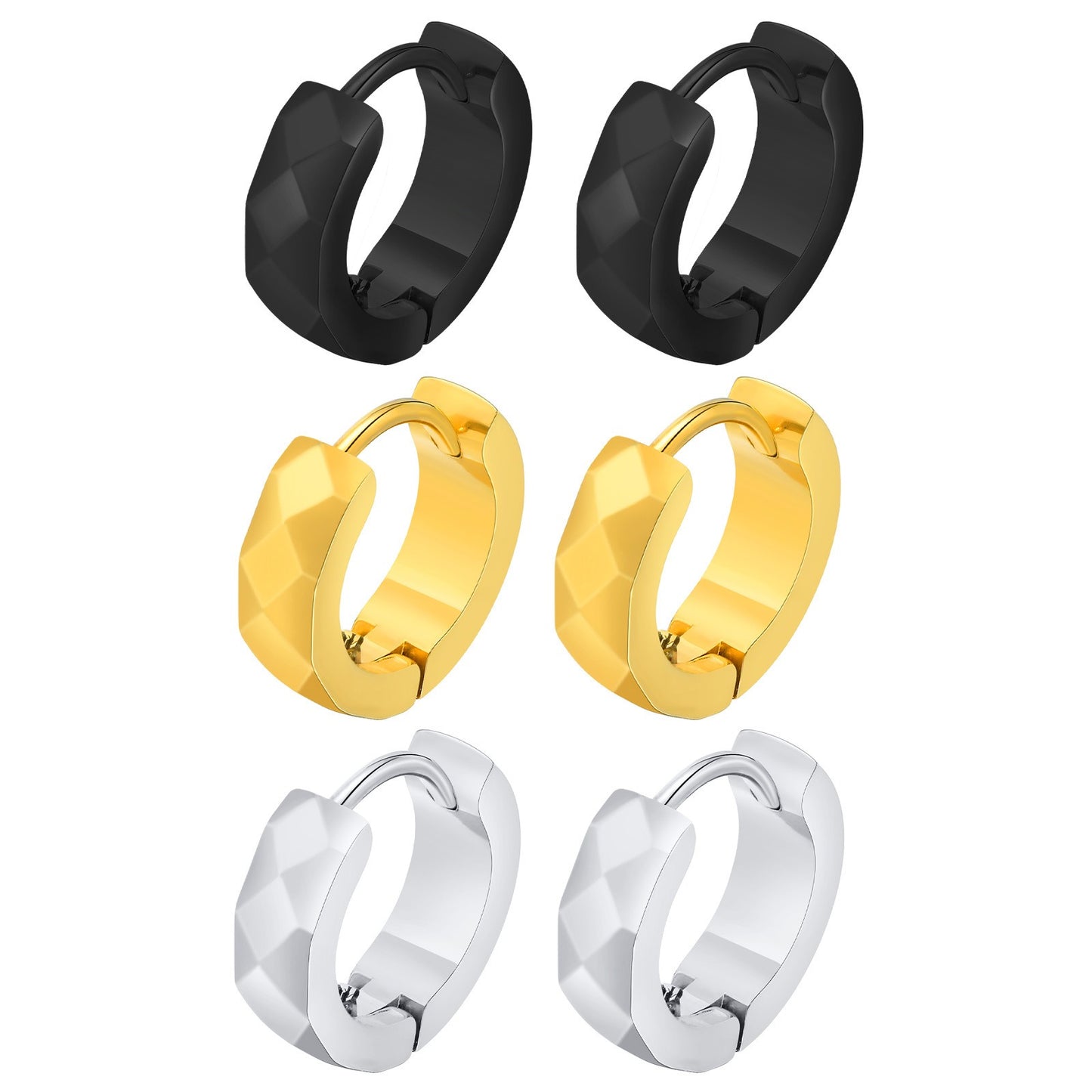 Kemstone Men’s Stainless Steel Hoop Earring – Faceted Punk Style in Black, Silver, Gold EH-552