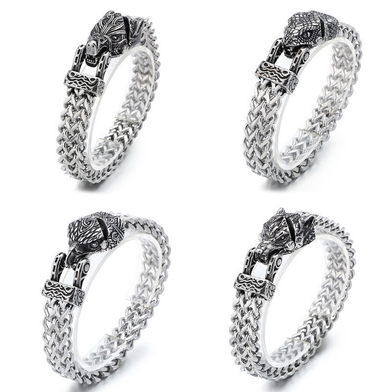 Kemstone Eagle & Wolf Head Titanium Steel Bracelet - Reversible Chain Punk Design for Men KB179515