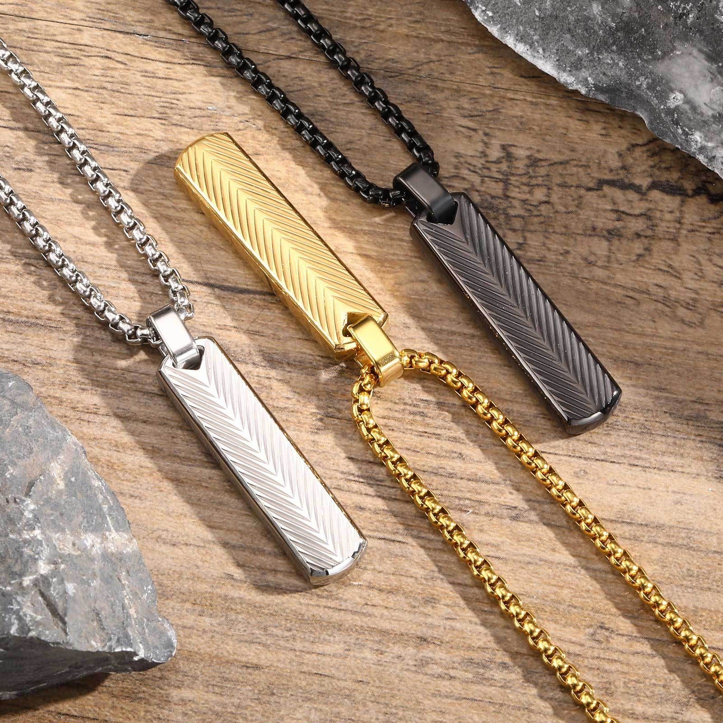 Geometric Bar Pendant Necklace for Men | Stainless Steel Chevron Engraved PN2071