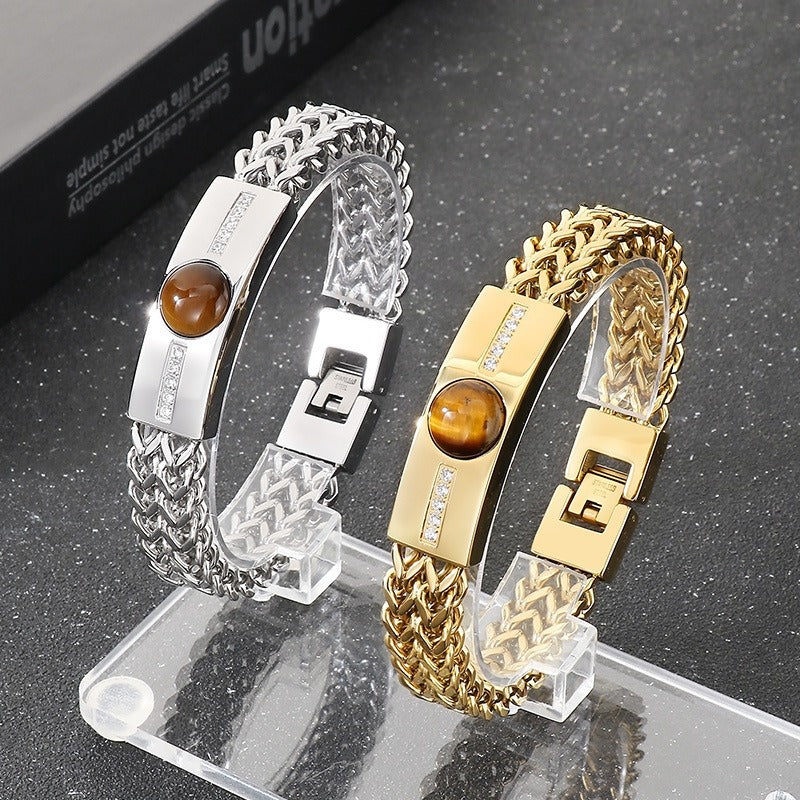 Kemstone Hiphop Zirconia-Encrusted Vintage Dual-Chain Tiger's Eye Stone Curb Men's Bracelet KB187685
