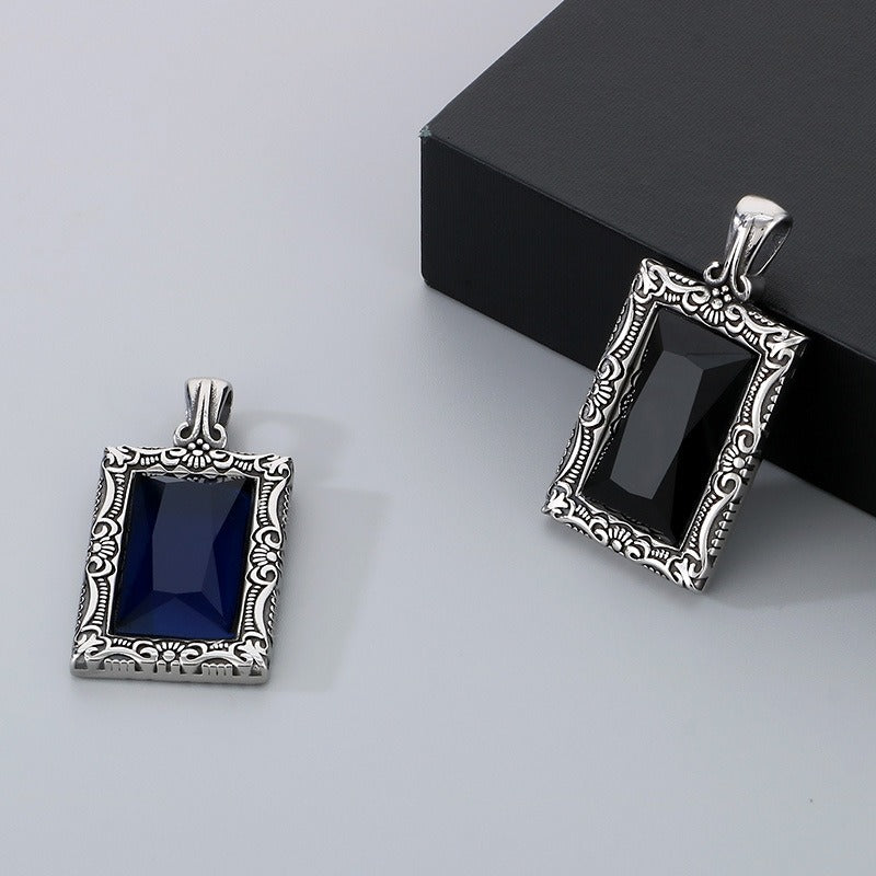 Kemstone Vintage Square Pendant – Titanium Steel Necklace with Scrollwork & Blue-Black Stone | Gothic Street Style for Men KP130520-TGX