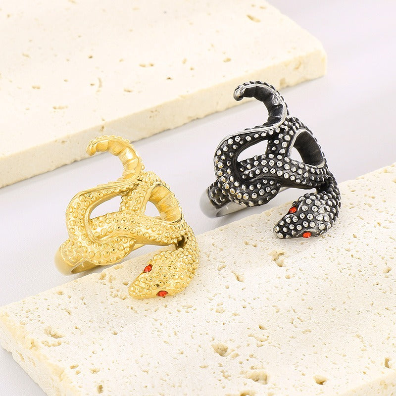 Kemstone Serpentine Titanium Steel Ring - Coiled Snake Design with Ruby Eyes, Vintage Gothic Jewelry for Men KR105952