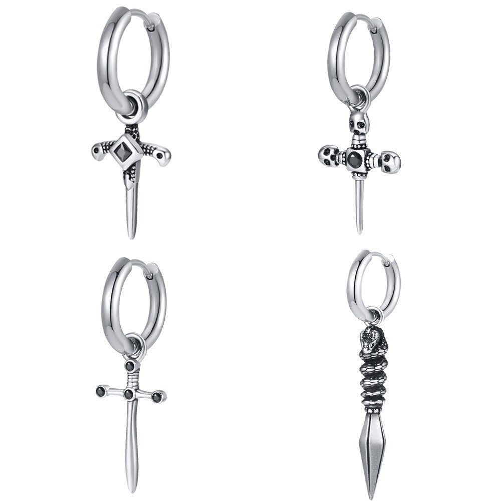 Men's Gothic Cross Hoop Earring – Stainless Steel Sword & Spear Designs ED-684