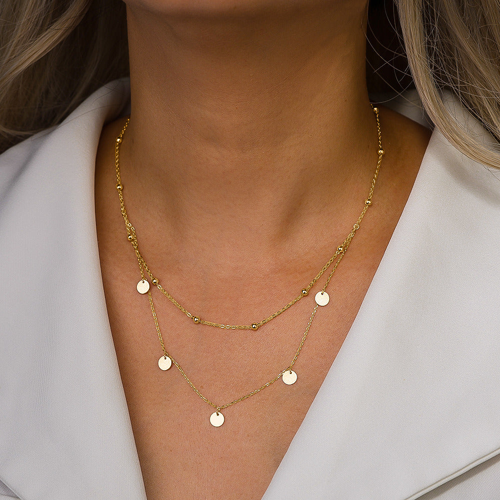 Kemstone Layered Gold Necklace – 925 Sterling Silver Double Chain Necklace for Women, Dainty Disc Beaded Choker, Adjustable Handmade Jewelry A4-BQN21