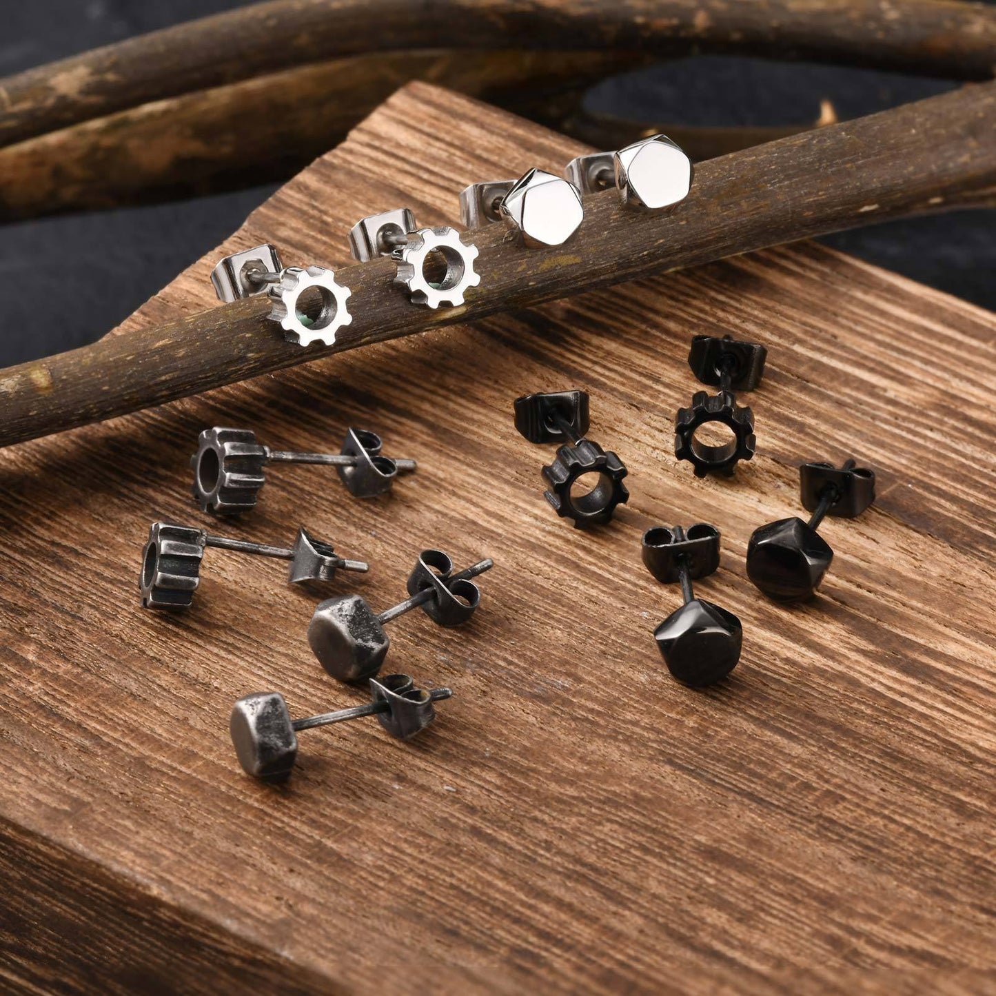 Gear Stud Earring for Men – Vintage Gray Stainless Steel Gothic Punk Jewelry ES-529