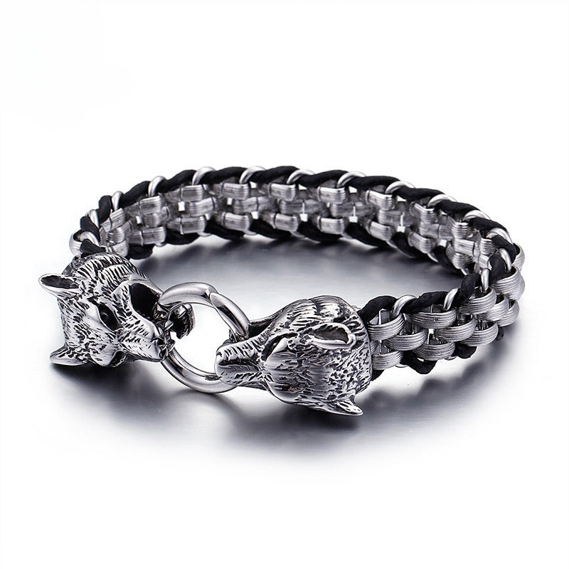 Kemstone Stainless Steel Wolf Design Ring Titanium Mesh Cuff Bracelet for Men - Punk Edge Charm Jewelry KB154970
