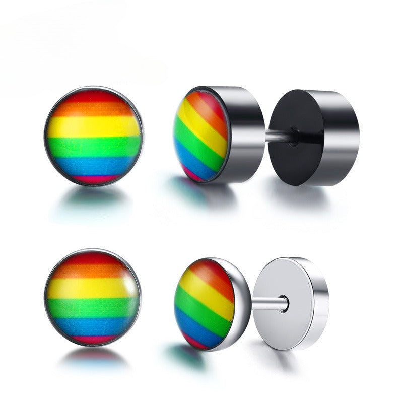 Rainbow Dumbbell Stud Earrings – Stainless Steel Pride Ear Jewelry | Street Gothic Color Edge PE-005