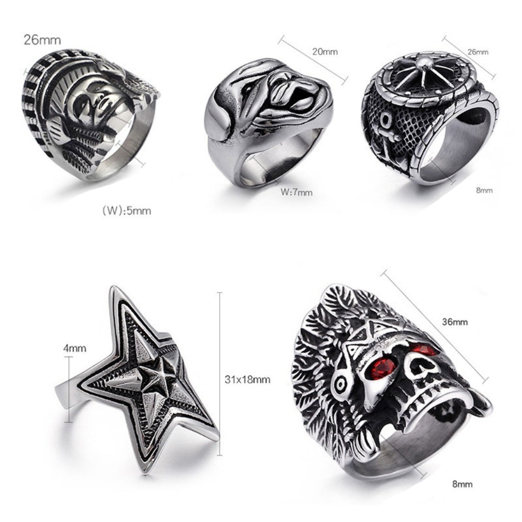 Anello geometrico in acciaio al titanio da uomo Kemstone - Design tribale con stella e ancora audace per abbigliamento streetwear hip hop KR44629-BD