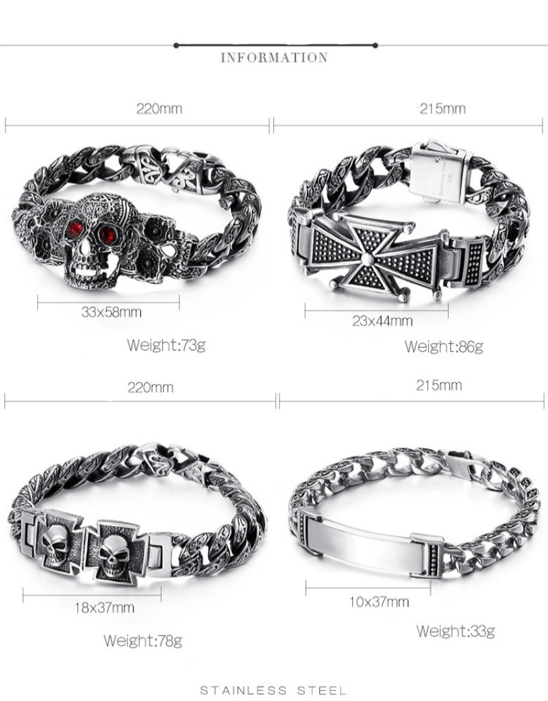 Pulsera Kemstone vintage de acero y titanio envejecido con incrustaciones de circonitas y cruz de calavera. Accesorio gótico punk resistente para hombre KB112525-BD