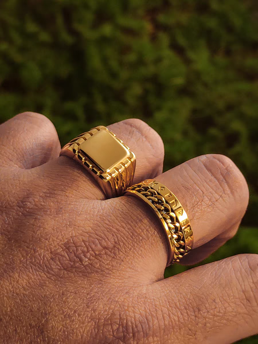Kemstone Vintage Gold Viking Chain Band & Square Signet Ring – 18K Plated Titanium Steel