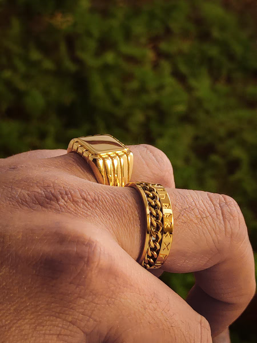 Kemstone Vintage Gold Viking Chain Band & Square Signet Ring – 18K Plated Titanium Steel