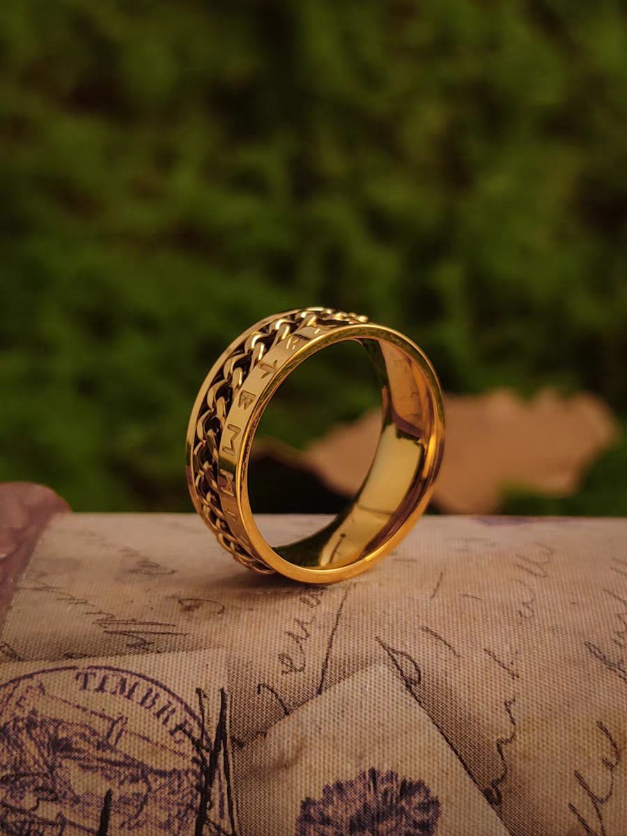 Kemstone Vintage Gold Viking Chain Band & Square Signet Ring – 18K Plated Titanium Steel
