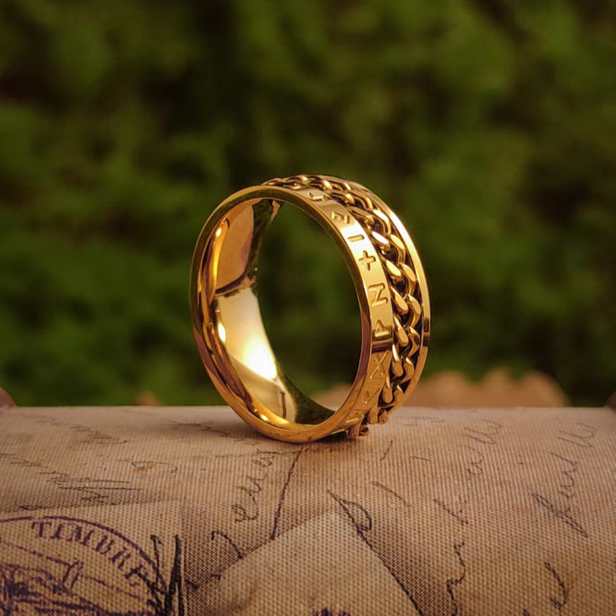 Kemstone Vintage Gold Viking Chain Band & Square Signet Ring – 18K Plated Titanium Steel